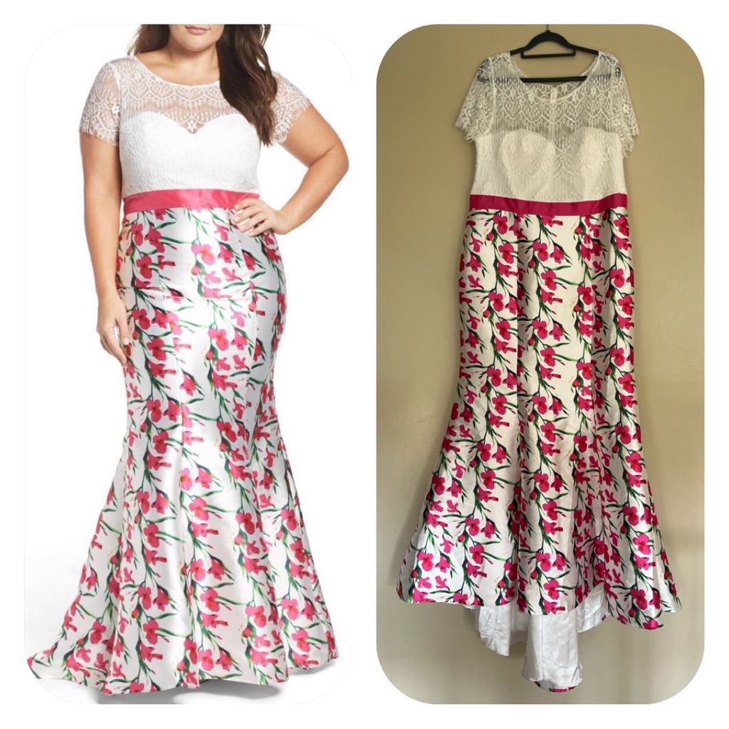{Mac Duggal} Pink Floral Lace Short Sleeve Mermaid Gown In White - Womens 18w